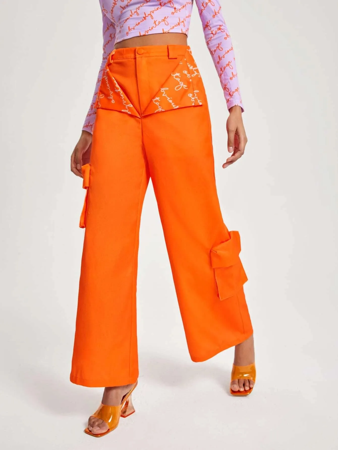 Letter Graphic Flap Pocket Side Wide Leg Pants