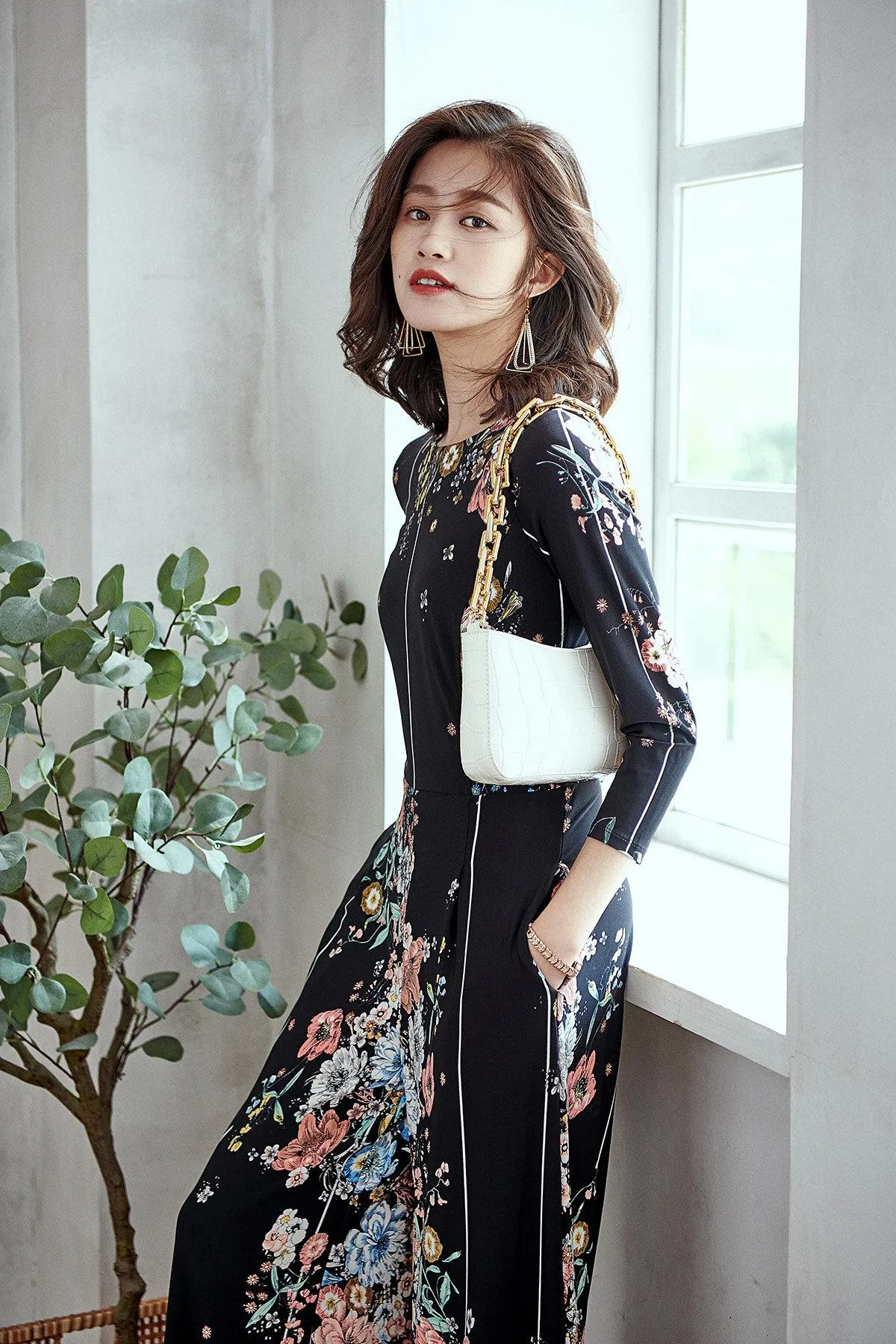 Limited edition long sleeve round neck retro stretch autumn flower print elastic vintage wide leg jumpsuit - Biadi s