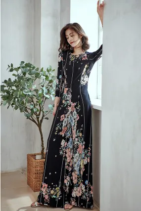 Limited edition long sleeve round neck retro stretch autumn flower print elastic vintage wide leg jumpsuit - Biadi s