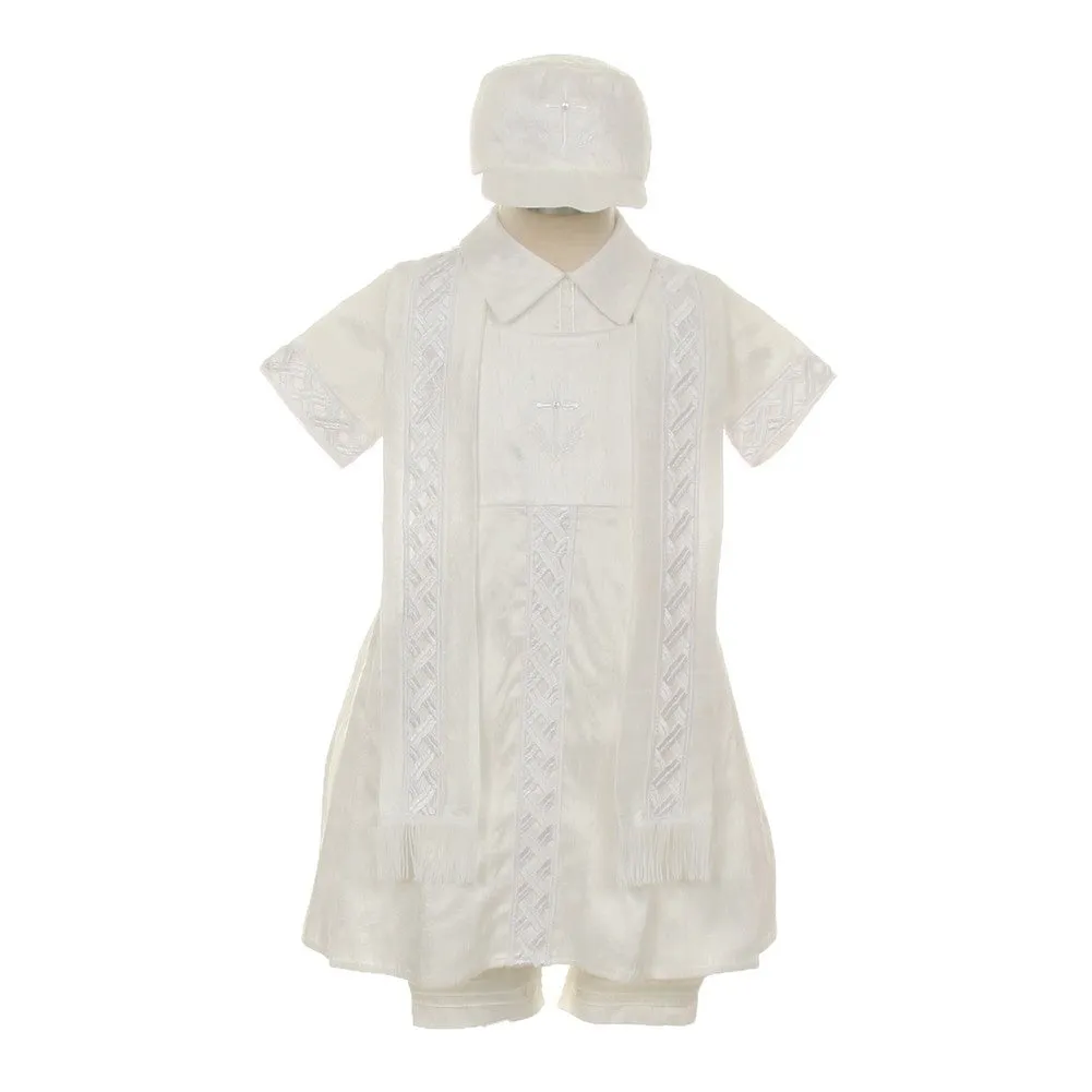 Little Boys White Silk Cross Embroidered Hat Stole Baptism Romper 2-3T