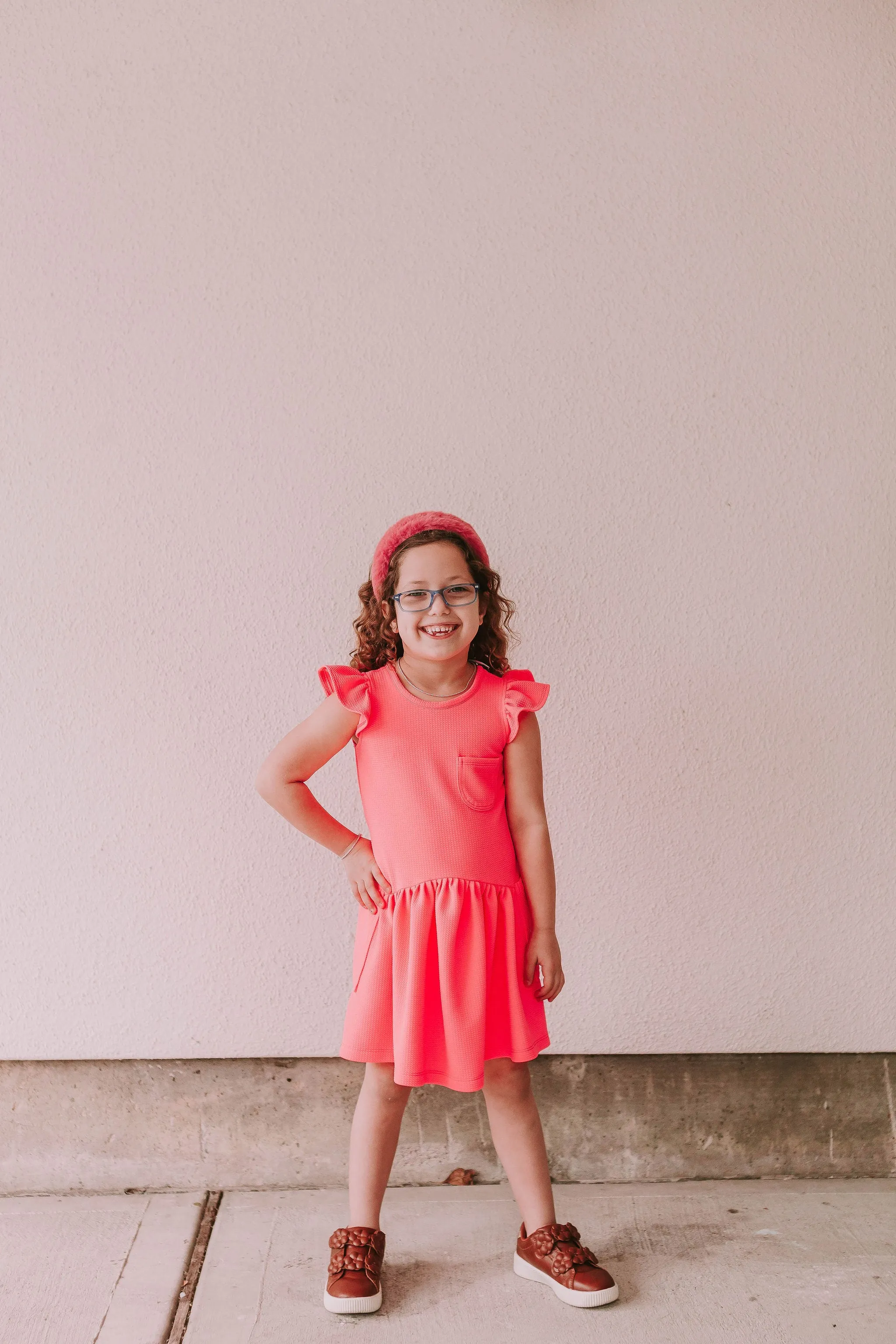 Little Girl's Hot Pink Bullet Knit Cotton Three Pocket Dress