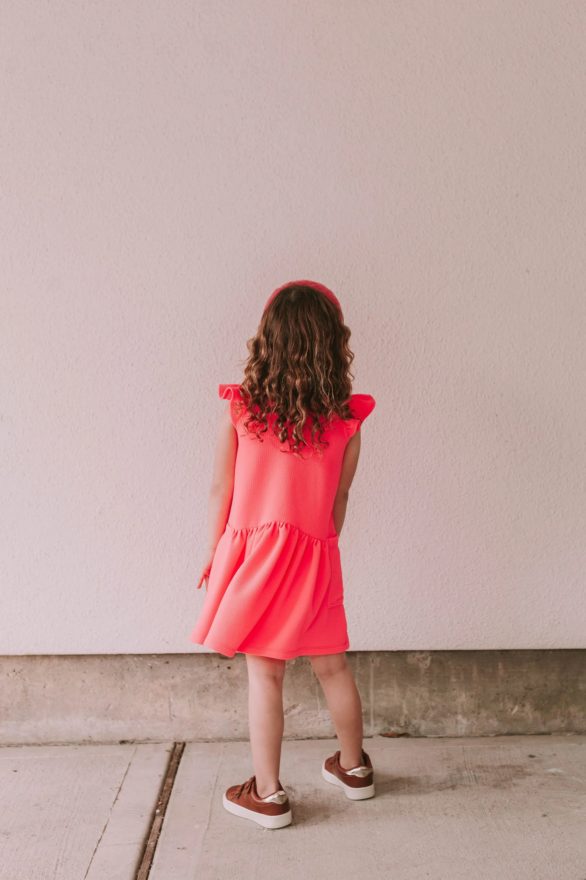 Little Girl's Hot Pink Bullet Knit Cotton Three Pocket Dress