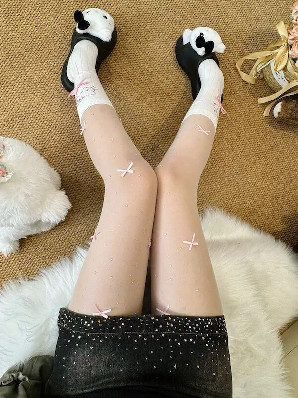 Lolita bow rhinestone shimmer tights