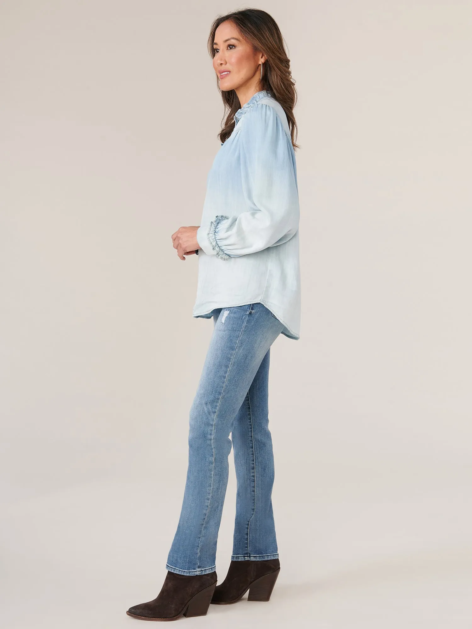 Long Sleeve Cascade Ruffle Half Placket Tencel Woven Top