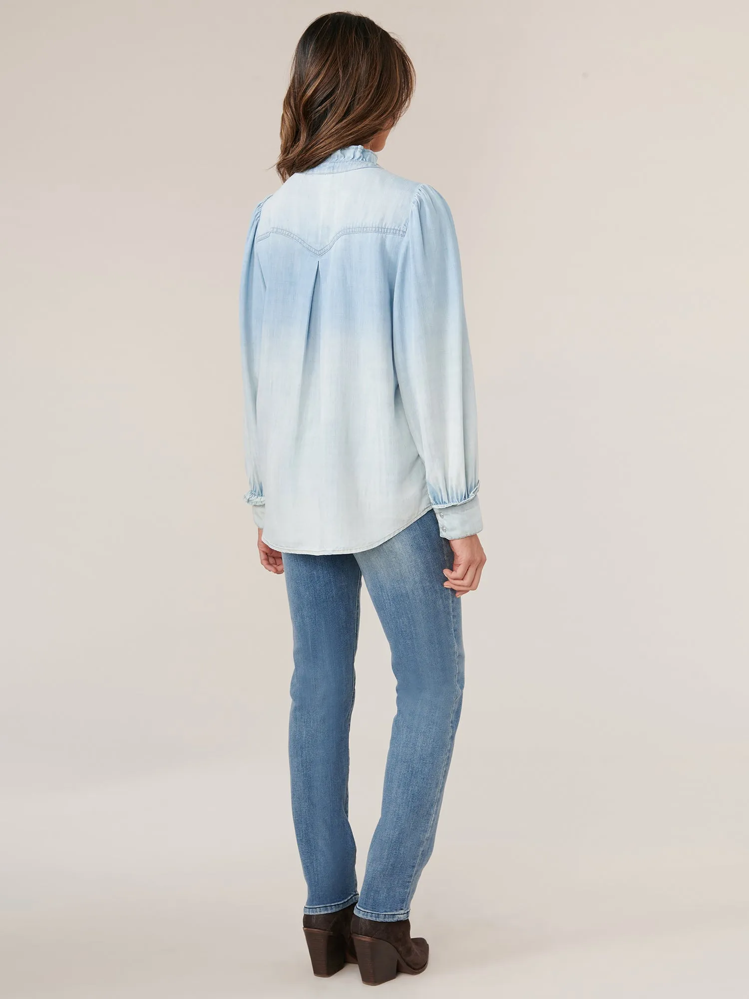 Long Sleeve Cascade Ruffle Half Placket Tencel Woven Top