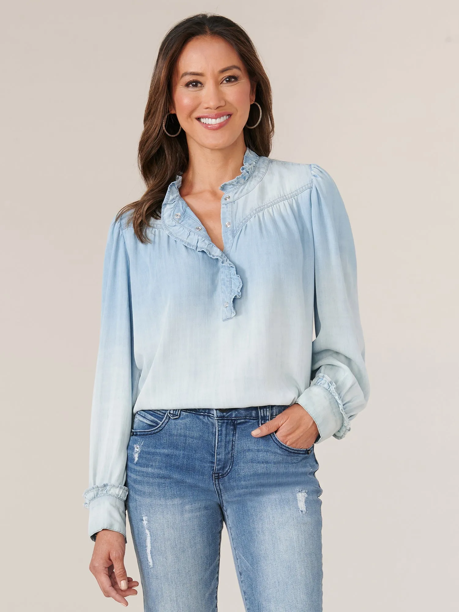 Long Sleeve Cascade Ruffle Half Placket Tencel Woven Top