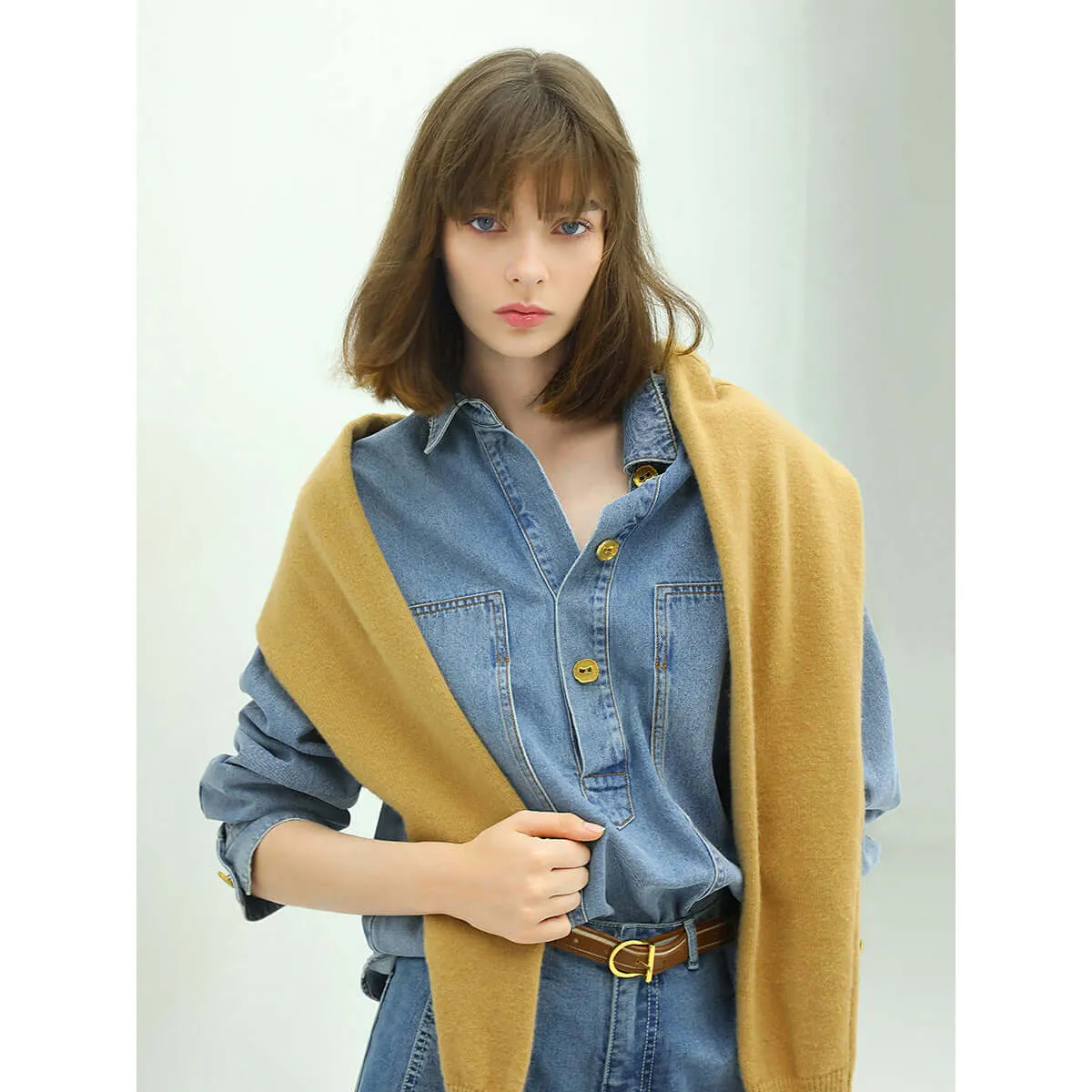 Long Sleeved Blue Denim Shirt with Contrasting Mustard Buttons