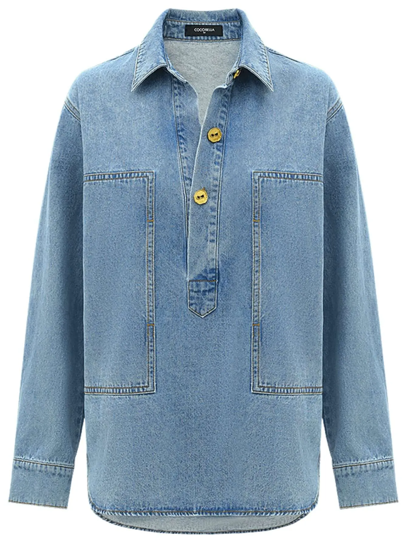 Long Sleeved Blue Denim Shirt with Contrasting Mustard Buttons