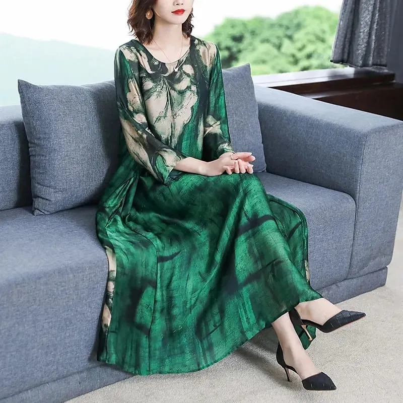 Loose Casual Print Mulberry Silk Maxi Dress Spring Summer Vintage 4XL Plus Size Dress Elegant Women Bodycon Party X3079368