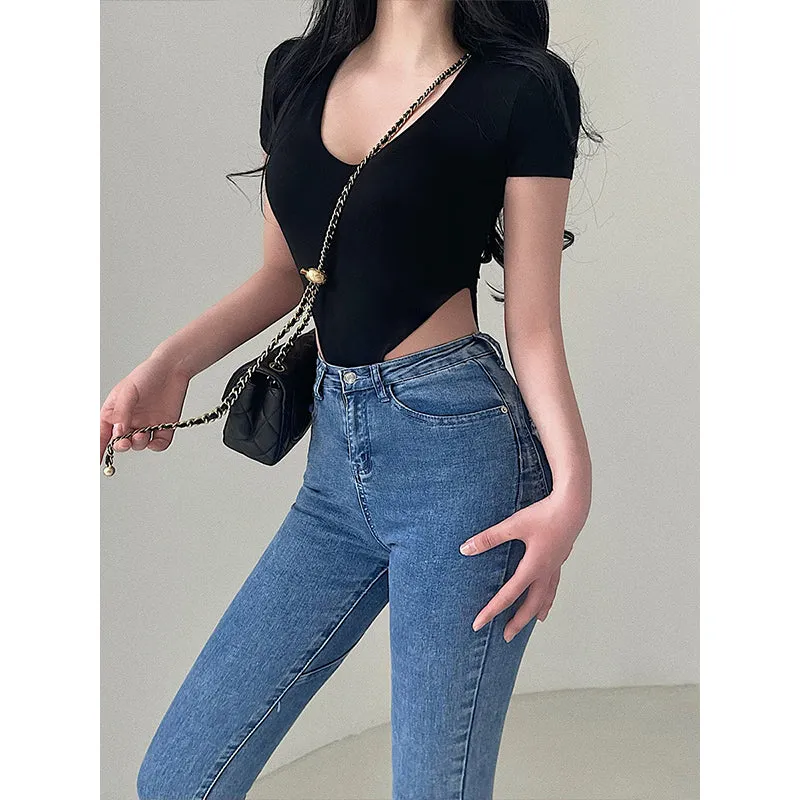 Lora Solid Color V-neck Stretch Short Sleeve Slim Bodysuit Top