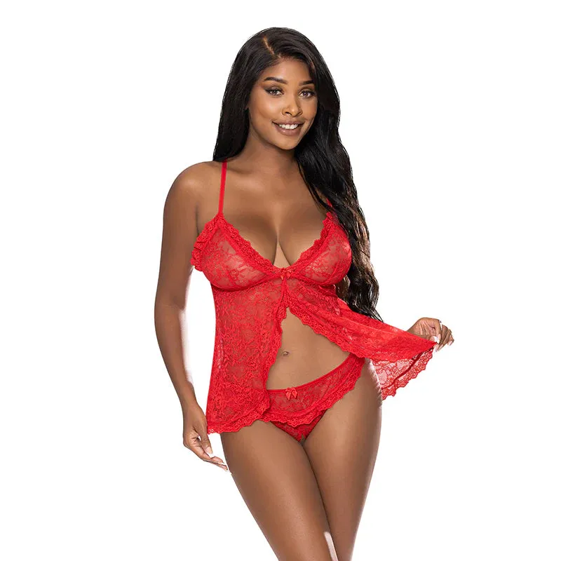 Magic Silk Ooh La Lace Babydoll & Split-Crotch Panty Set Red