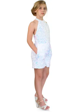 Marc Defang 5033 Size 4 White Short Girls sequin Pageant Romper high neck fun fashion