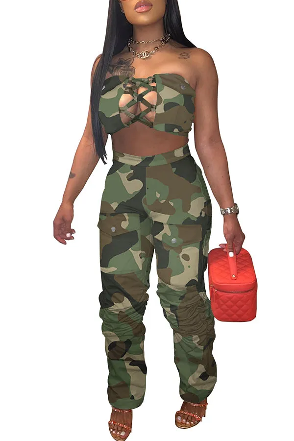 MB FASHION Strapless Lace-Up Bandeau Top and Cargo Pants Set 8374LY