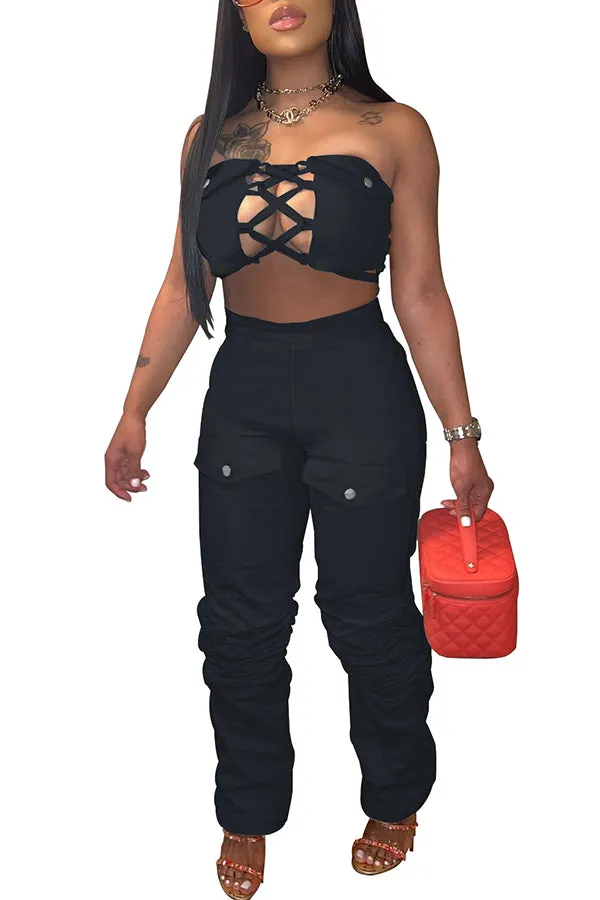 MB FASHION Strapless Lace-Up Bandeau Top and Cargo Pants Set 8374LY