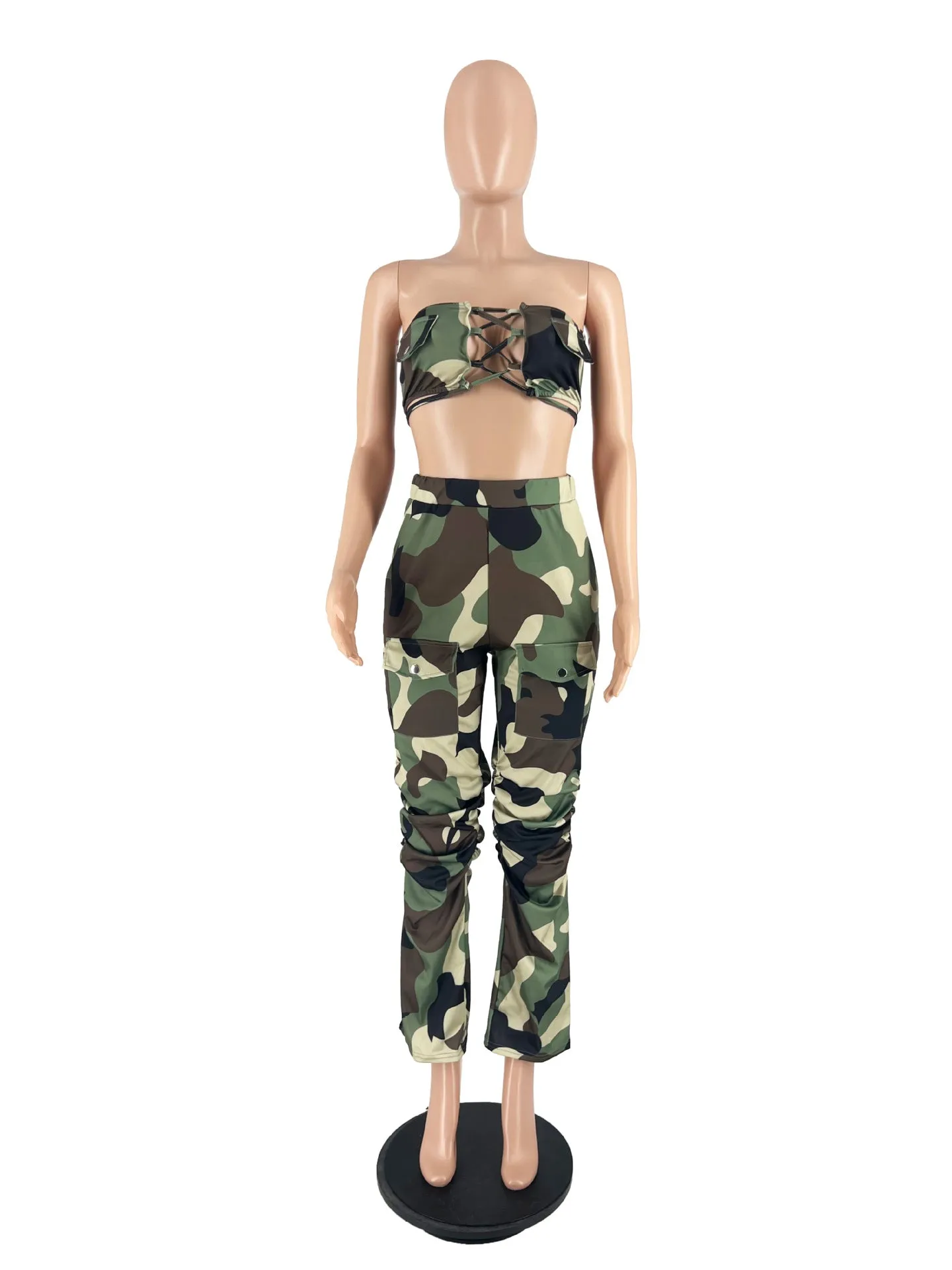 MB FASHION Strapless Lace-Up Bandeau Top and Cargo Pants Set 8374LY