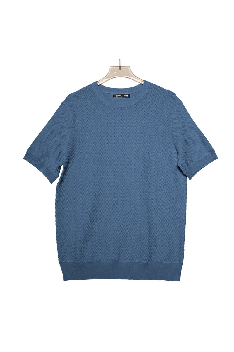 Men Herringbone Textured Knitted T-Shirt Short Sleeve Crew Neck Tops Knitwear