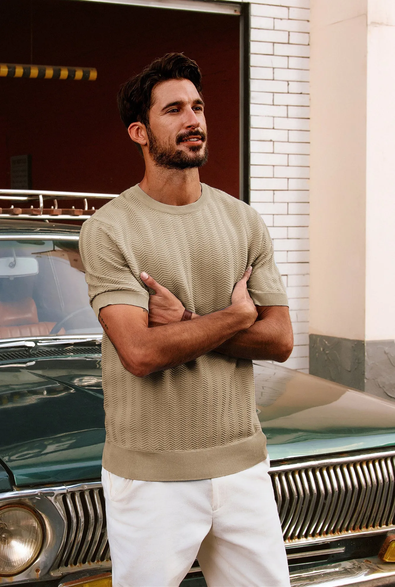 Men Herringbone Textured Knitted T-Shirt Short Sleeve Crew Neck Tops Knitwear