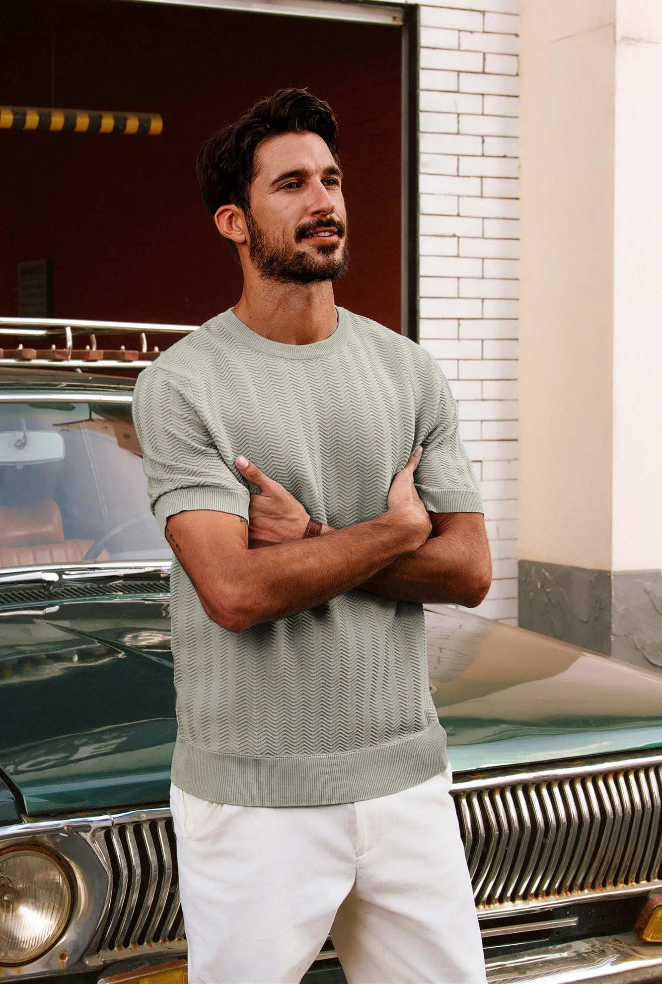 Men Herringbone Textured Knitted T-Shirt Short Sleeve Crew Neck Tops Knitwear