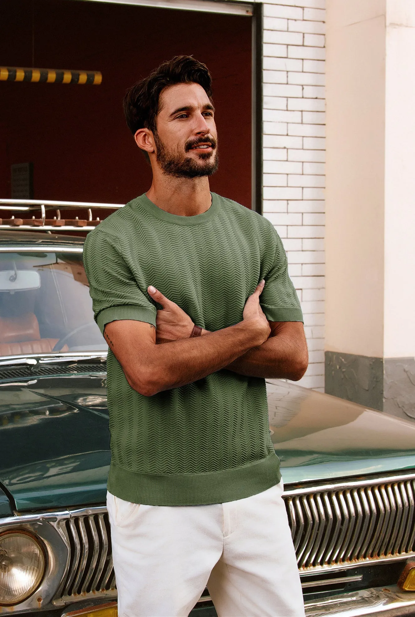 Men Herringbone Textured Knitted T-Shirt Short Sleeve Crew Neck Tops Knitwear