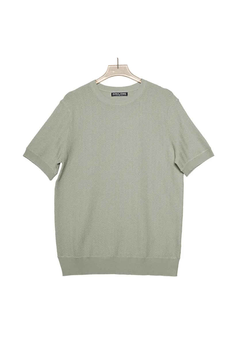 Men Herringbone Textured Knitted T-Shirt Short Sleeve Crew Neck Tops Knitwear