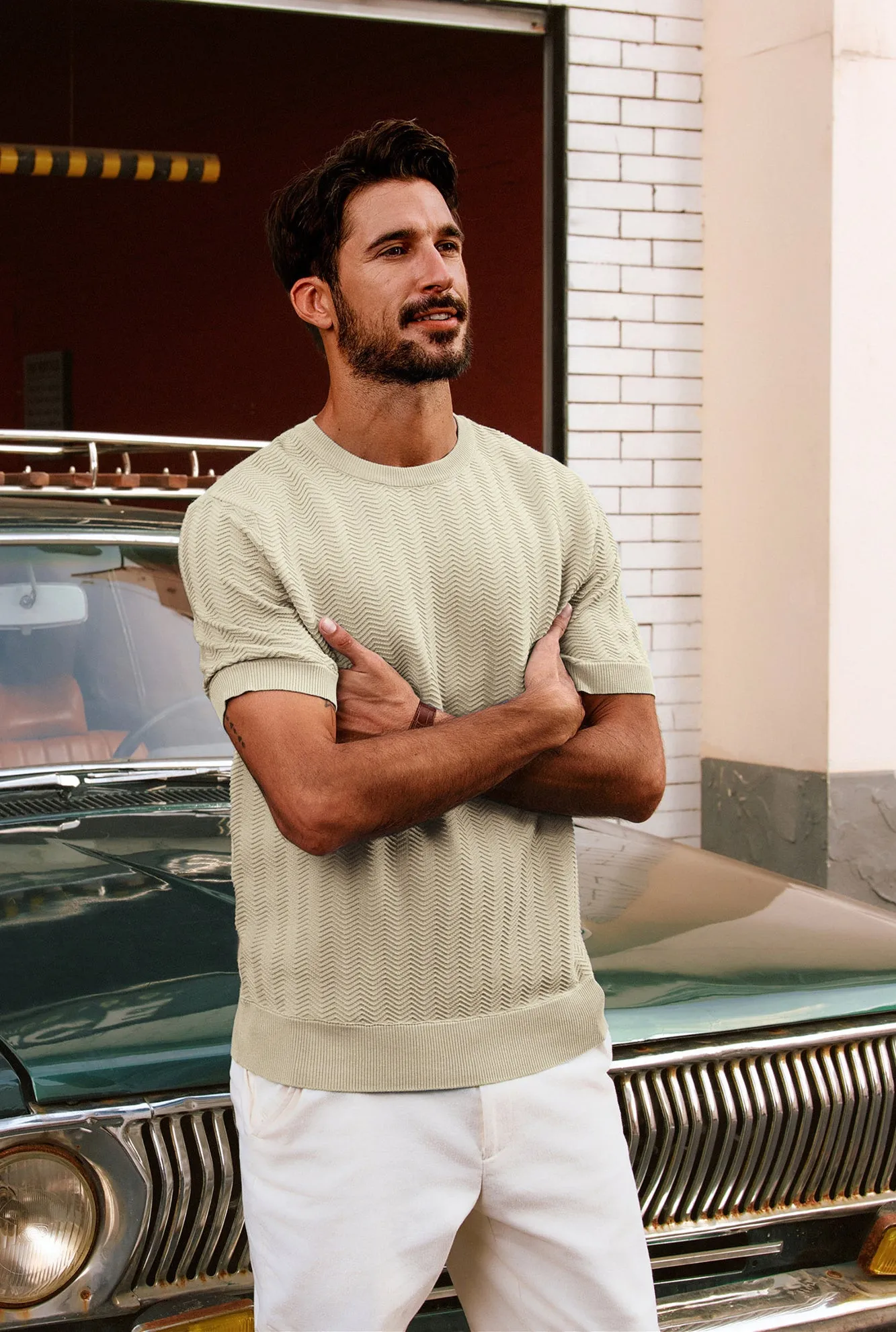 Men Herringbone Textured Knitted T-Shirt Short Sleeve Crew Neck Tops Knitwear