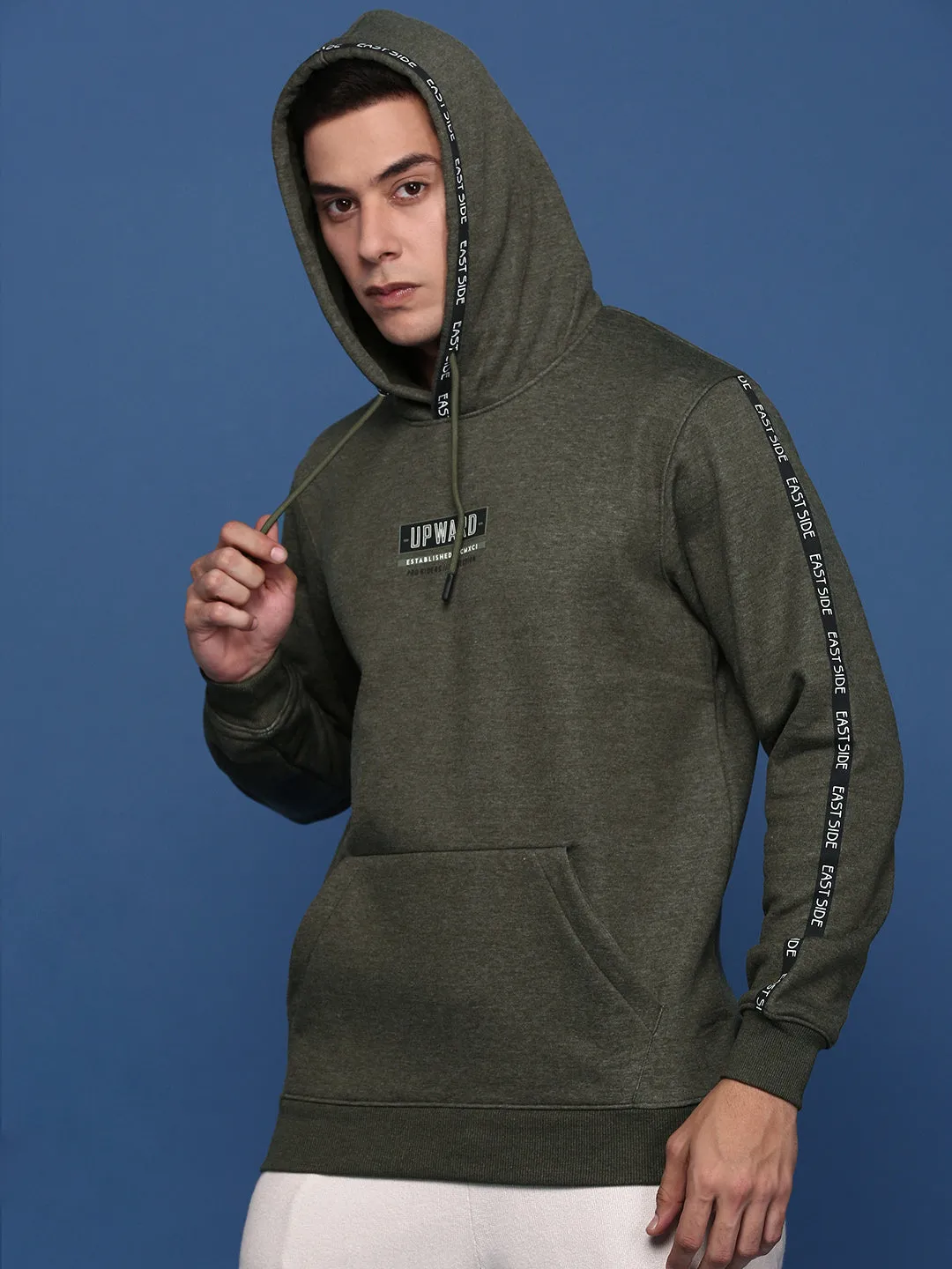 Men Hooded Solid Olive Pullover