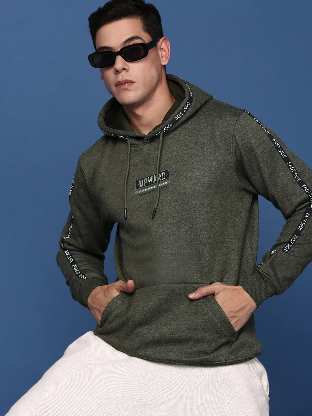 Men Hooded Solid Olive Pullover