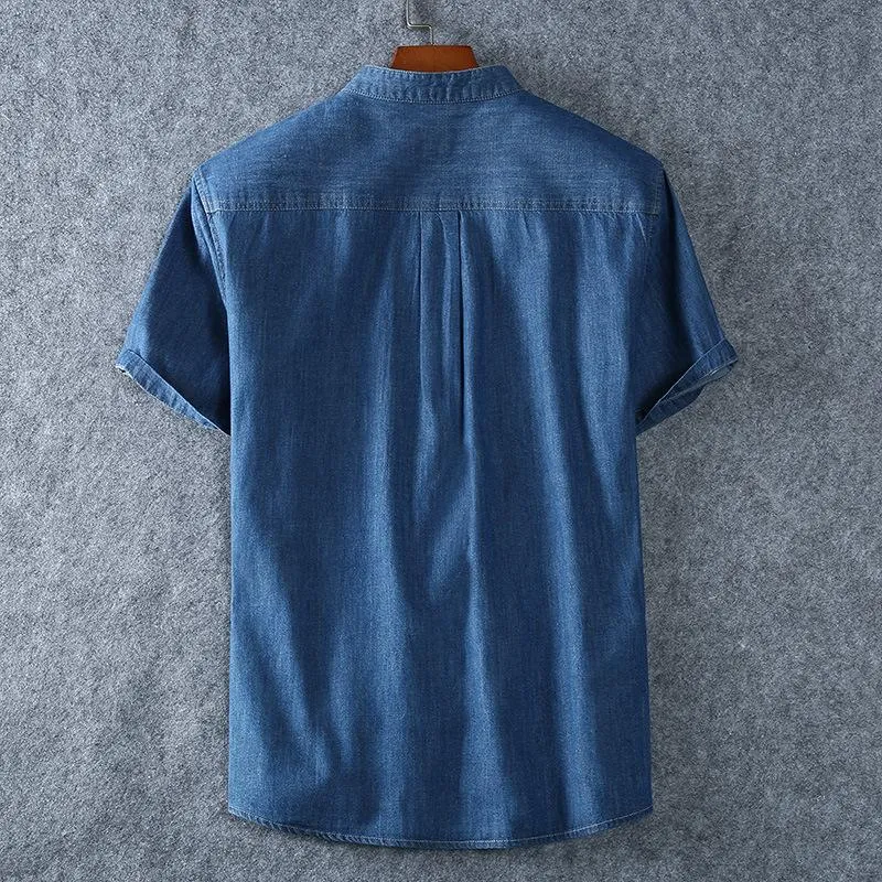 Men's Casual Cotton Stand Collar Short Sleeve Denim Shirt 58846613M