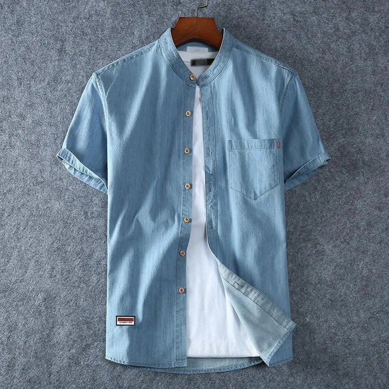 Men's Casual Cotton Stand Collar Short Sleeve Denim Shirt 58846613M