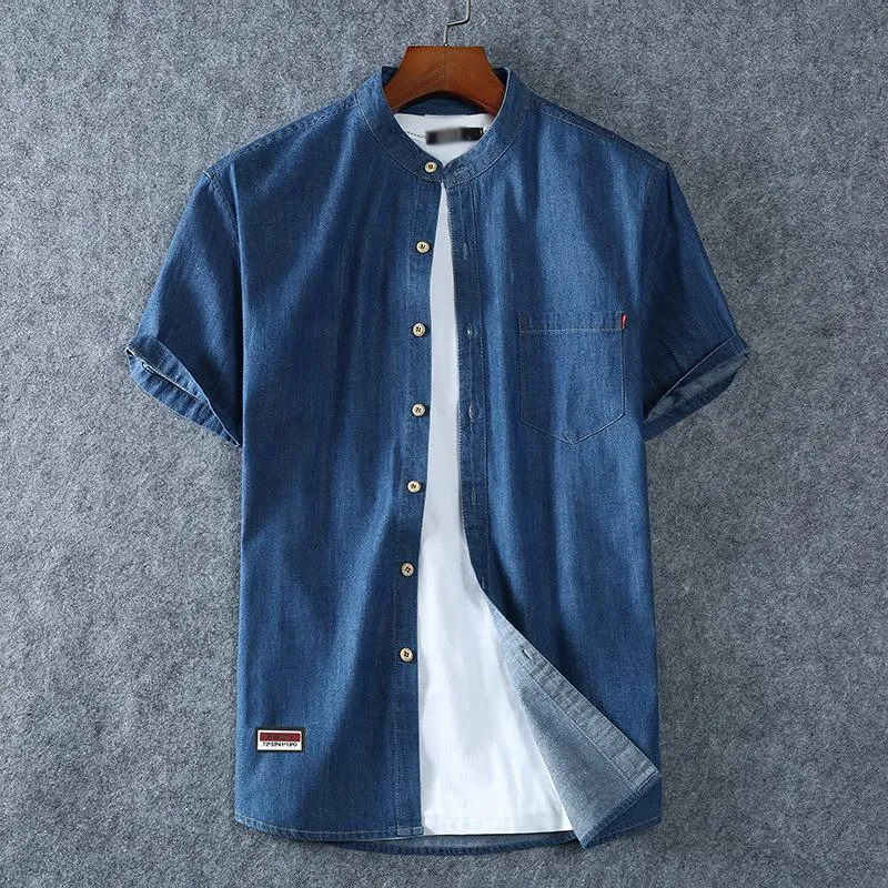 Men's Casual Cotton Stand Collar Short Sleeve Denim Shirt 58846613M