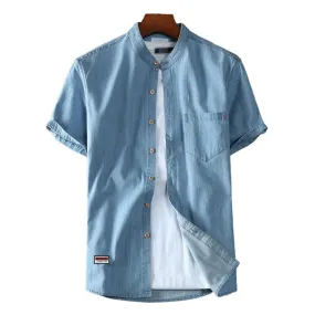 Men's Casual Cotton Stand Collar Short Sleeve Denim Shirt 58846613M