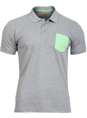 Mens Plain Grey Cotton Short Sleeved Polo Shirt top with Neon print pocket