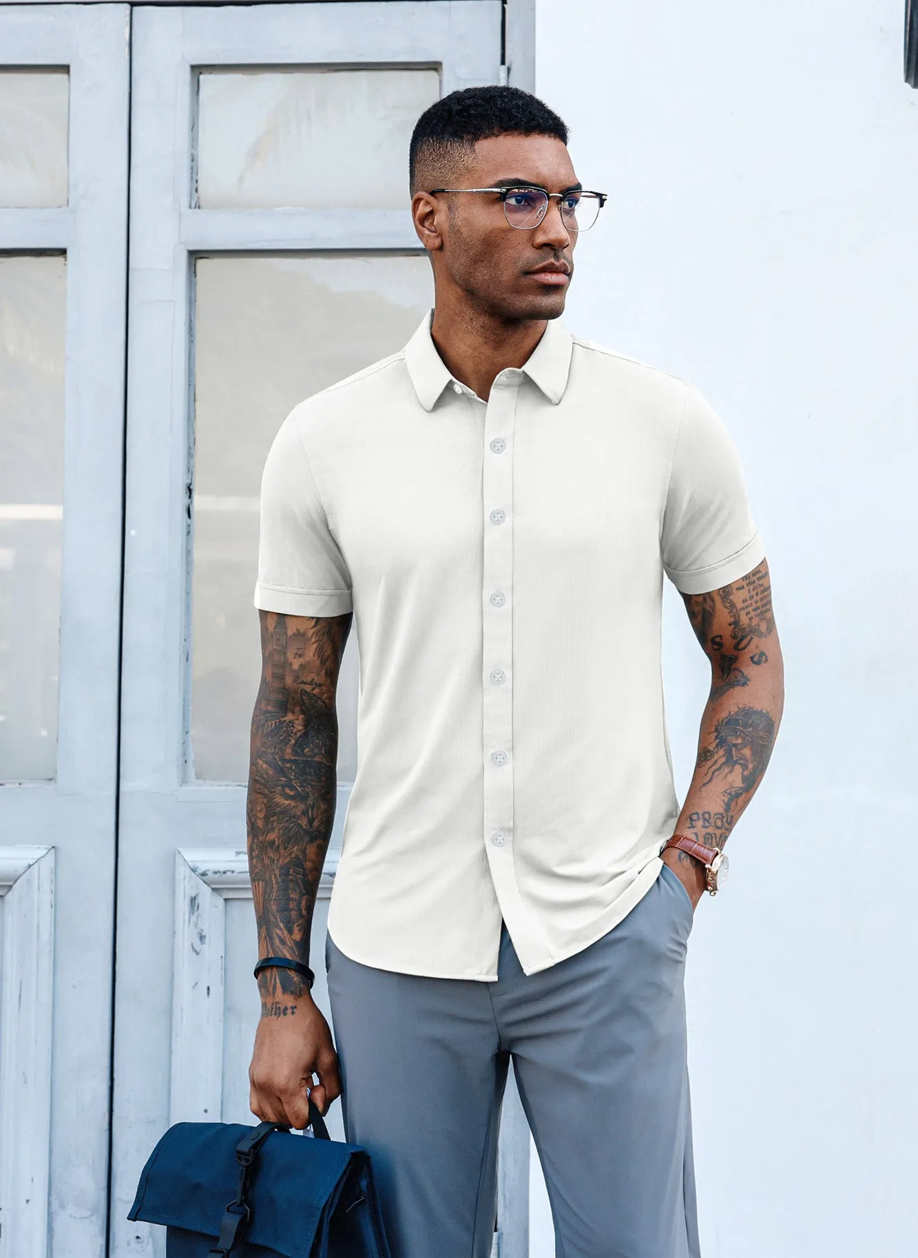 Mens Short Sleeve Casual Button Down Shirts 4-Way Stretch Travel Dress Shirt