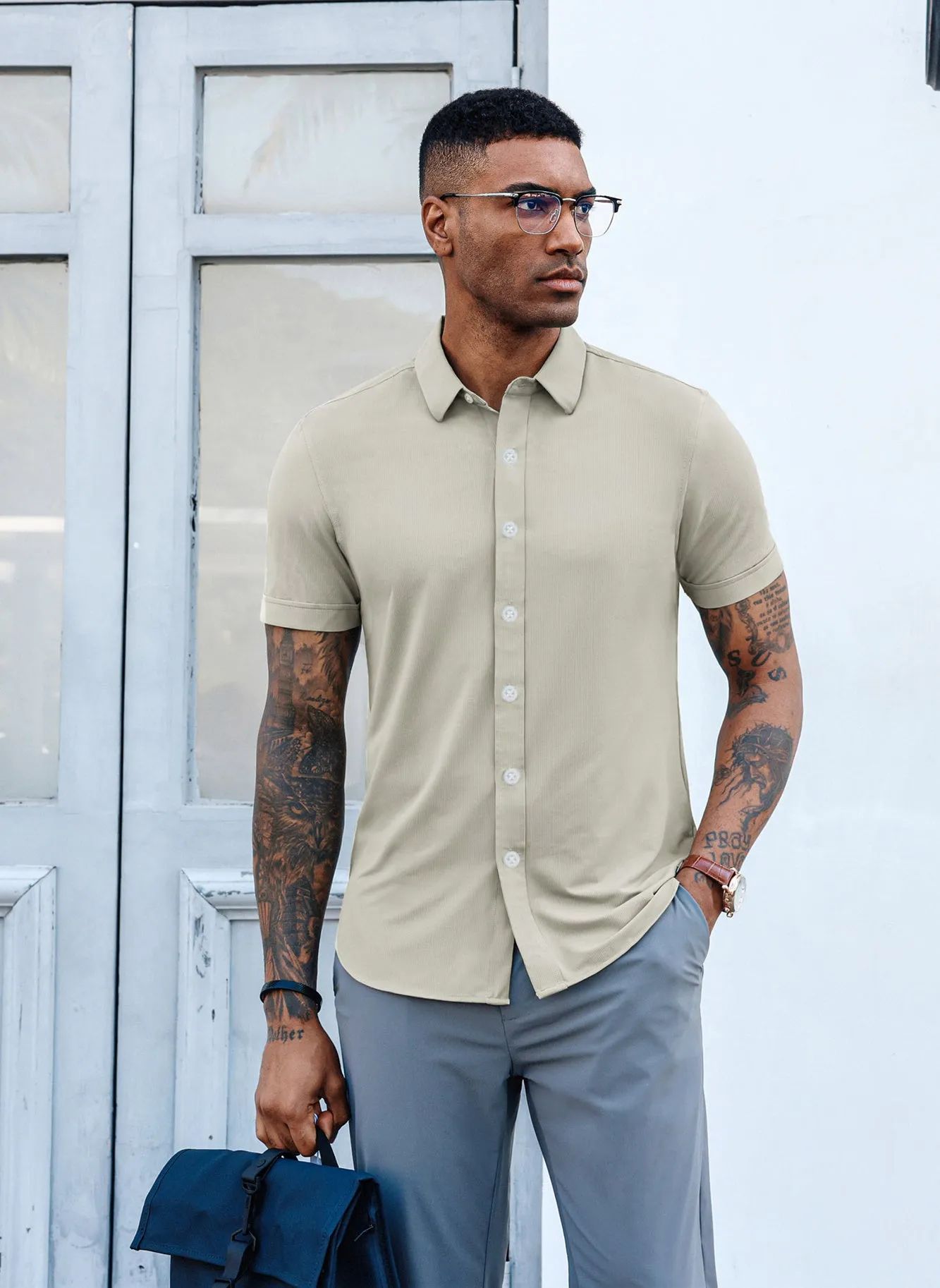 Mens Short Sleeve Casual Button Down Shirts 4-Way Stretch Travel Dress Shirt