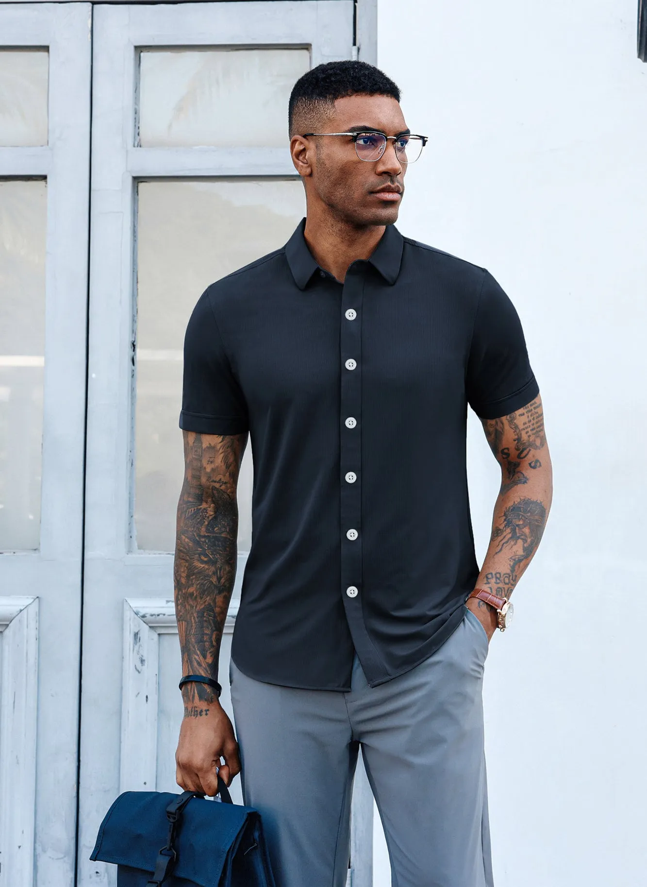 Mens Short Sleeve Casual Button Down Shirts 4-Way Stretch Travel Dress Shirt