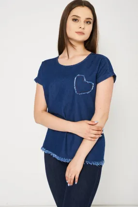 Mid Blue Denim Top With Heart Detail Ex-Branded