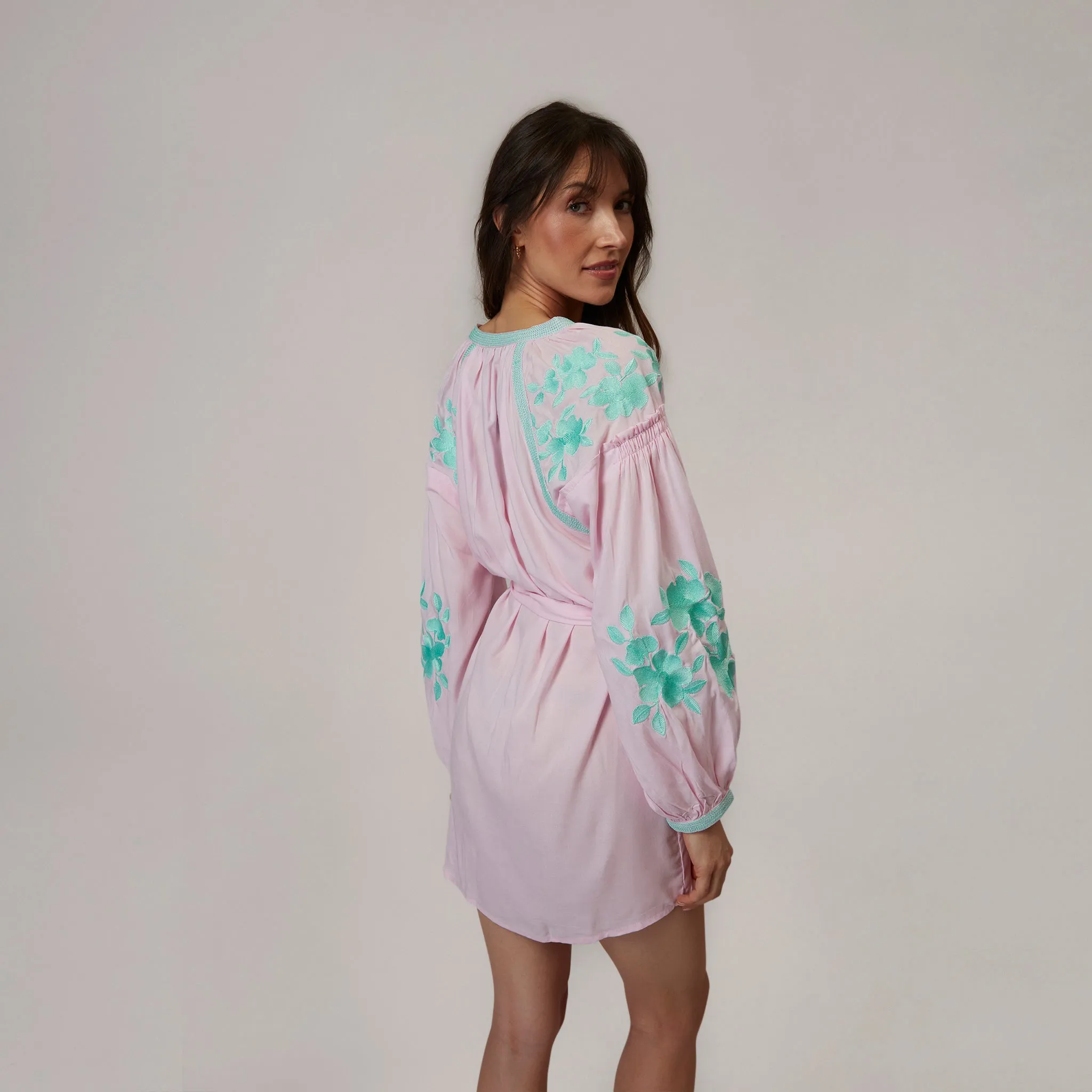 Mikki Embroidered Pink dress with mint embroidered flowers