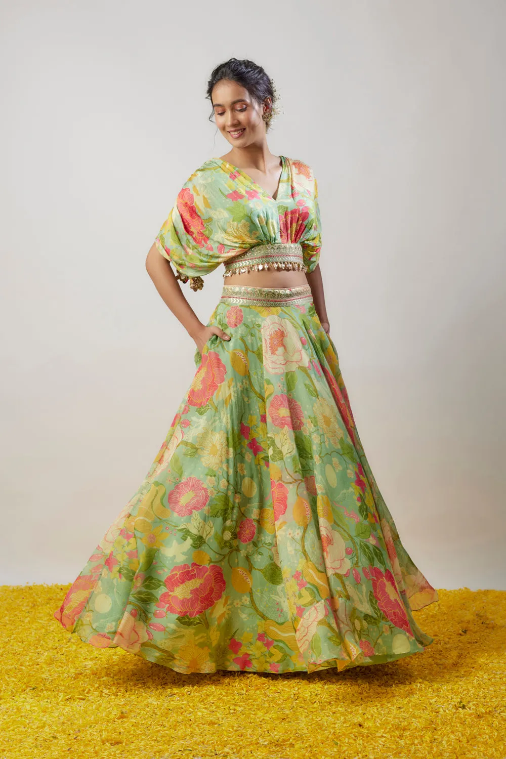 Mint Green Satin Floral Printed Lehenga Set