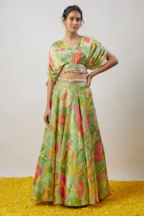 Mint Green Satin Floral Printed Lehenga Set