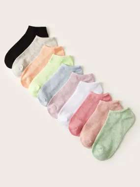 Multicolored Solid Ankle Socks - 10 Pairs