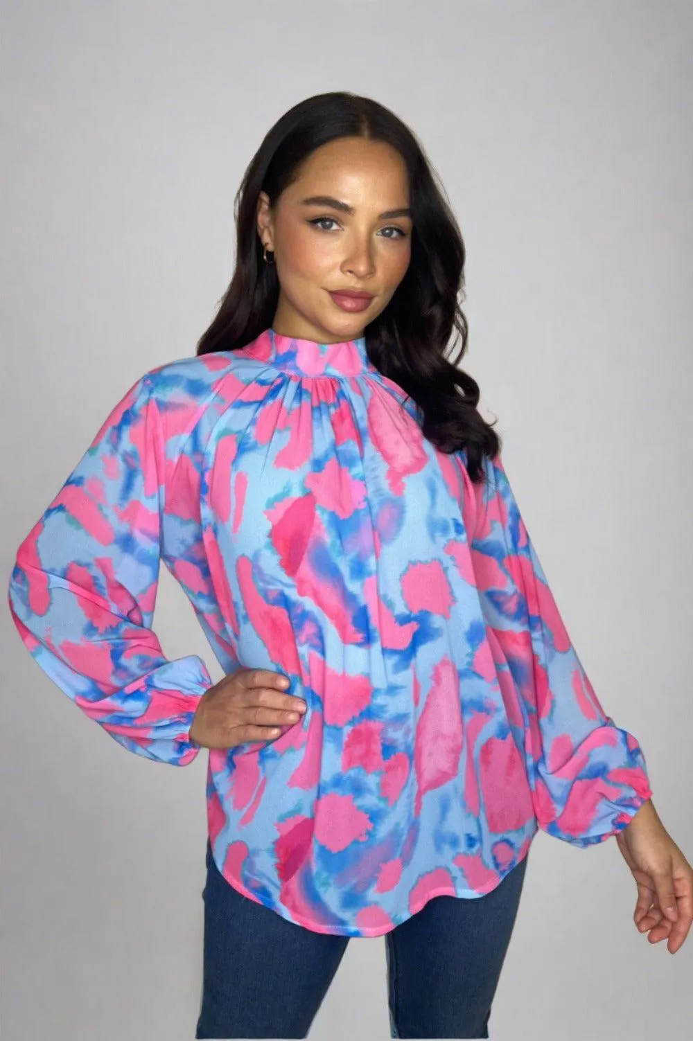 Multicolour Print Mock Neck Bell Sleeve Flowy Sheer Blouse