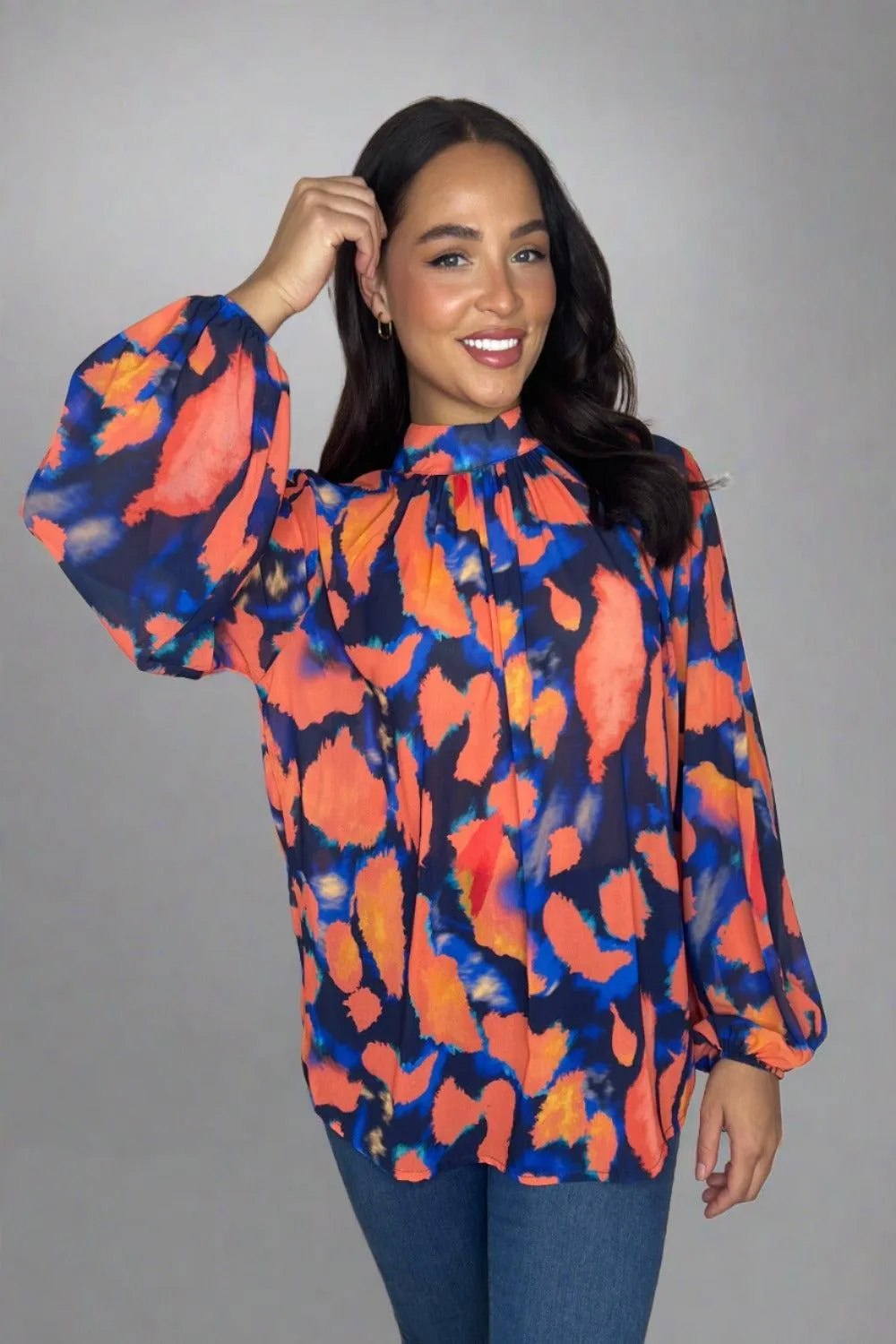 Multicolour Print Mock Neck Bell Sleeve Flowy Sheer Blouse