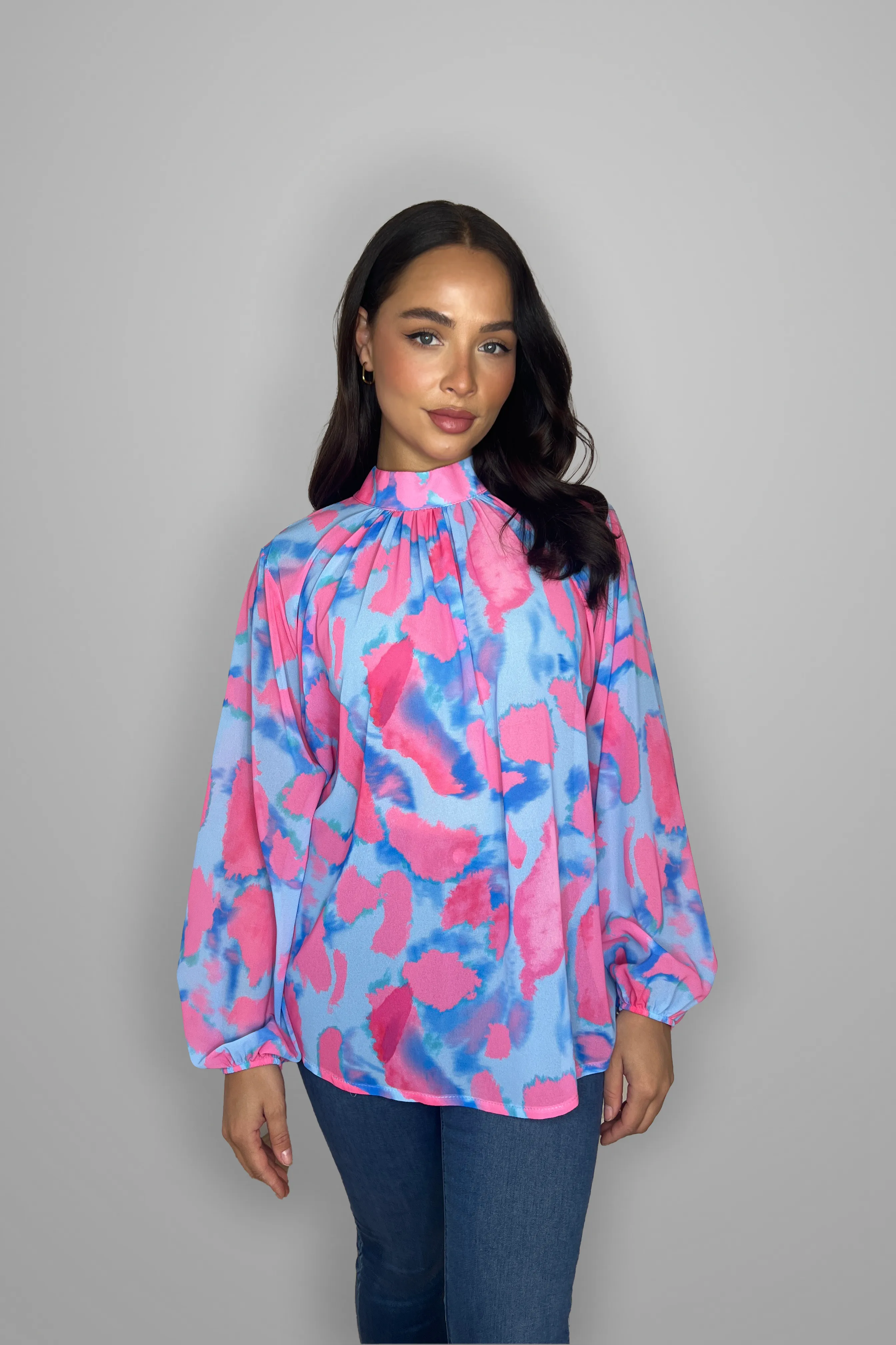 Multicolour Print Mock Neck Bell Sleeve Flowy Sheer Blouse