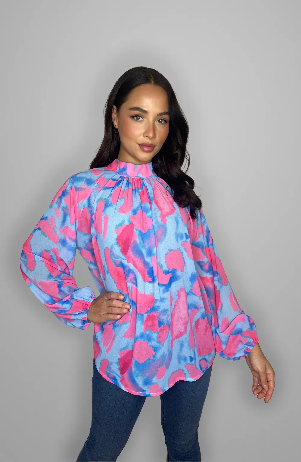 Multicolour Print Mock Neck Bell Sleeve Flowy Sheer Blouse