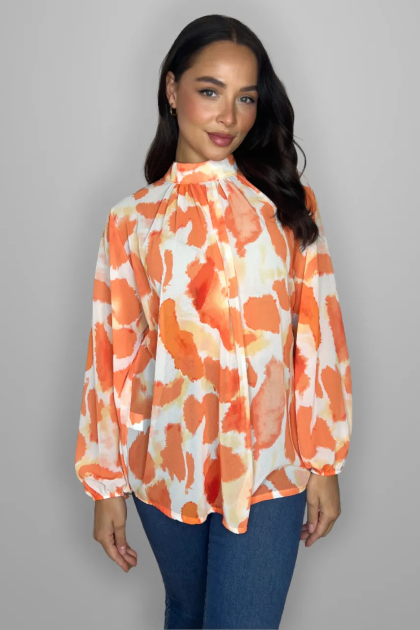 Multicolour Print Mock Neck Bell Sleeve Flowy Sheer Blouse