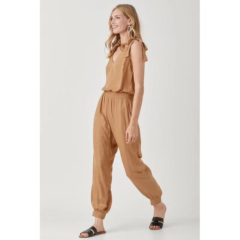 MUSTARD SEED V-neckline Smocked Waist & Tied-Shoulder Jogger Jumpsuit