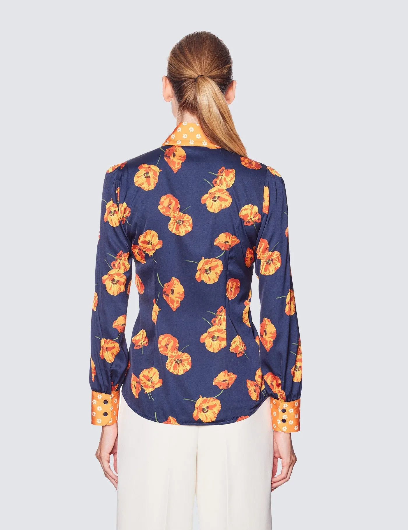 Navy & Orange Floral Print Pussy Bow