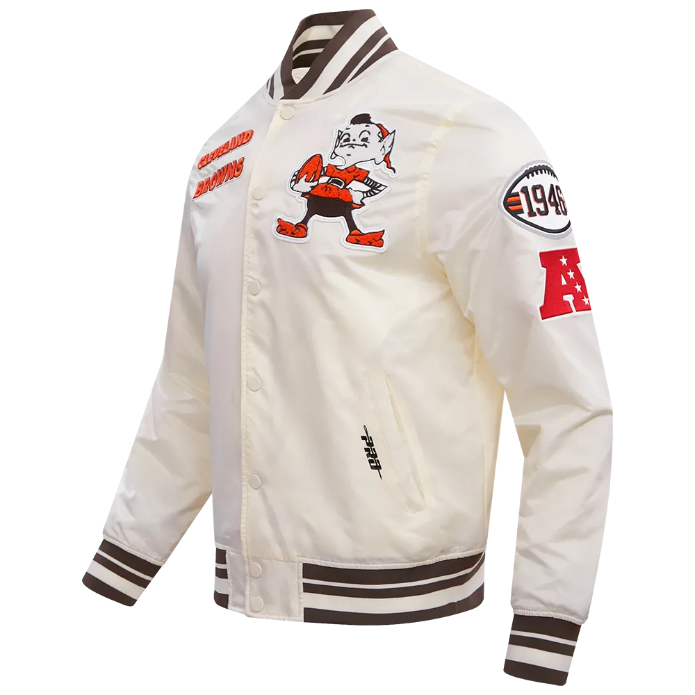 NFL CLEVELAND BROWNS RETRO CLASSIC MEN'S RIB SATIN JACKET (EGGSHELL/ BROWN)