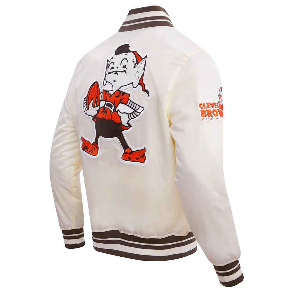 NFL CLEVELAND BROWNS RETRO CLASSIC MEN'S RIB SATIN JACKET (EGGSHELL/ BROWN)