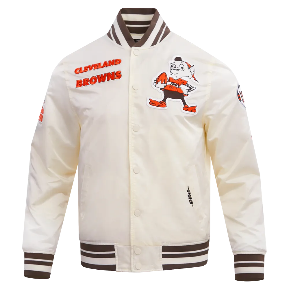 NFL CLEVELAND BROWNS RETRO CLASSIC MEN'S RIB SATIN JACKET (EGGSHELL/ BROWN)